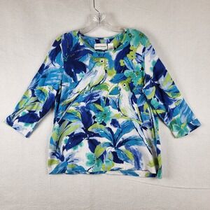 Alfred Dunner Womens Medium Blue Green Tropical Parrot Floral Sequin 3/4 Sleeve